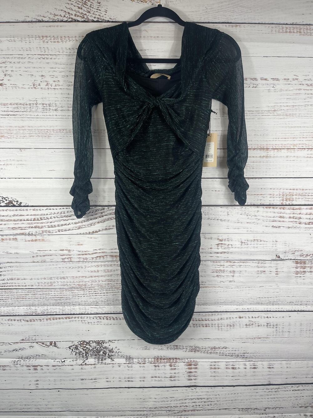 Bailey 44 Dress Womens Small Green Metallic Stripe Ruched Bodycon Long Sleeve